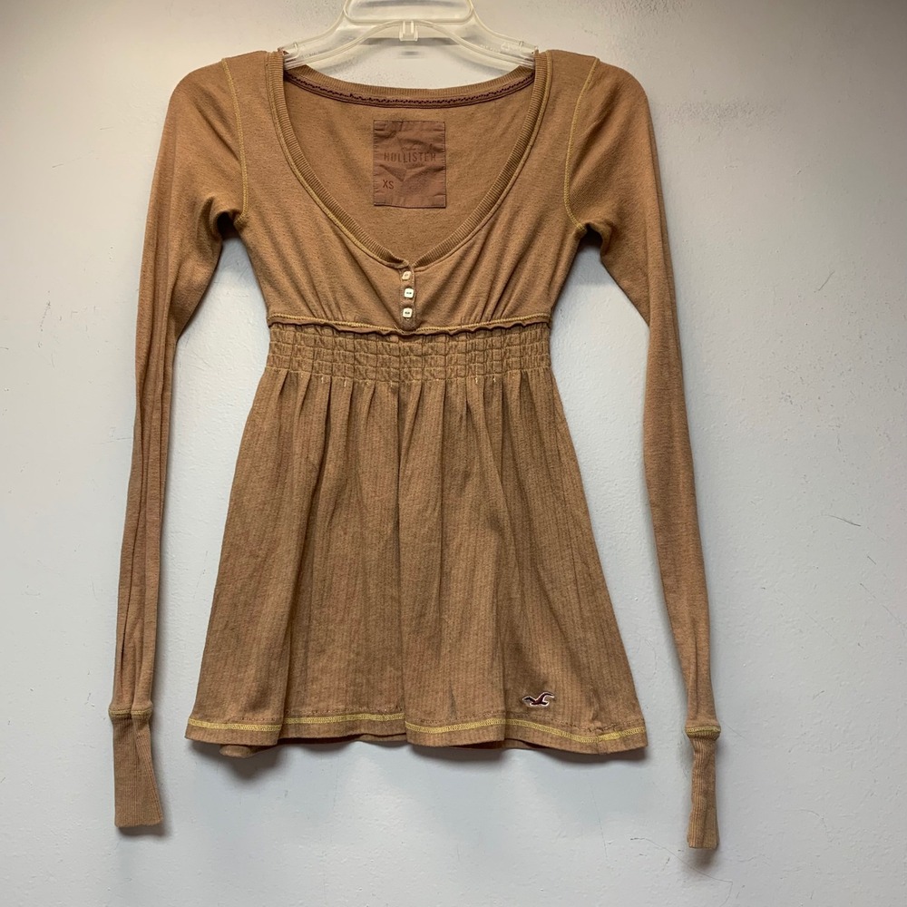 Hollister Babydoll Top Womens XS Brown Empire Waist Ribbed Henley V-Neck Long